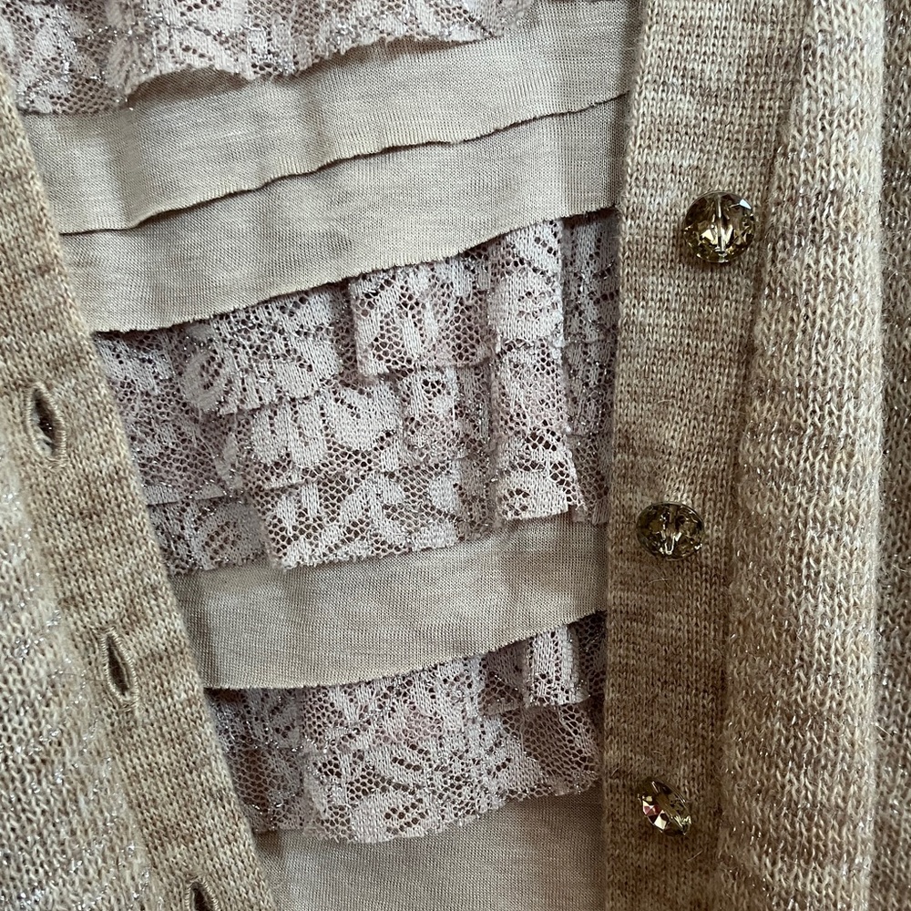Express Women's Beige Cardigan Sweater and Matching Ruffle Tank
